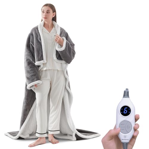 Westinghouse Wearable Heated Blanket with Foot Pocket, 50x70+18 Light Grey | Electric Snuggle Throw with Foot Pocket, Flannel Sherpa 6 Heating Levels & 2-10 Hours Auto Shut Off, Home Office Use - color: Light Grey&ivory, size: 70*50" Heated Snuggle Blanke