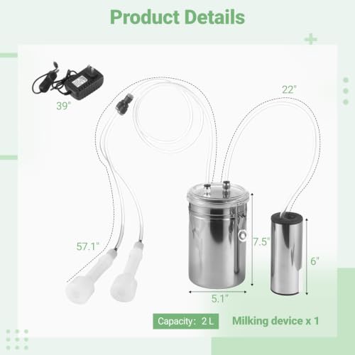 Electric Goat Milking Machine, 67 oz Stainless Steel Goat and Cows Milking Machine,Milking Bucket with Electric Vacuum Pump, Dual Teat Cups, Plug Switch and Hoses for Goats Sheep Cows