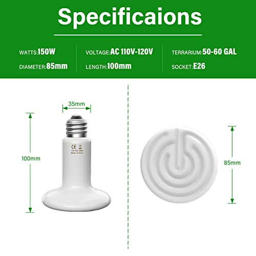 HealSmart Reptile Heat Lamp Bulb Ceramic Heat Emitter 150W No Light Emitting Brooder Coop Heater for Amphibian Pet & Incubating Chicken, White - color: 2 Pcs (White), size: 150 Watts New