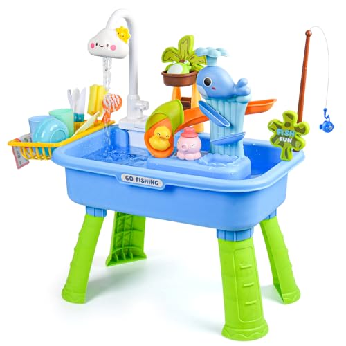 Upgraded Toddler Sand Water Table Toy with Electric Water Pump, Kids Sand Water with Faucet/Play Food Accessories/Fishing Toy, Kitchen Play Sink Toys for Girl Boy Age 3+ - color: Blue