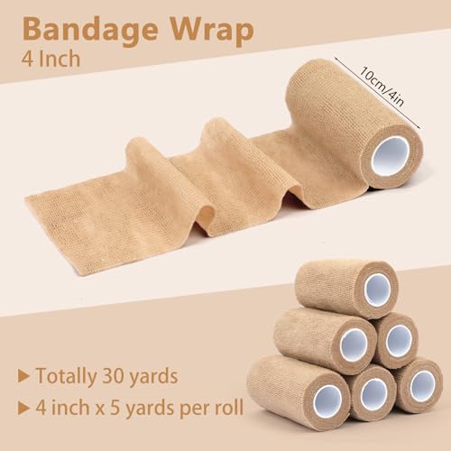 Self Adhesive Bandage Wrap 4 in, Elastic Vet Wrap, Athletic Sports Wraps | 6 Pcs 4 in × 5 yd, Stretch and Cohesive, Breathable and Soft, Tear Easily, Help Prevent Sprains, for Human Dog and Horse