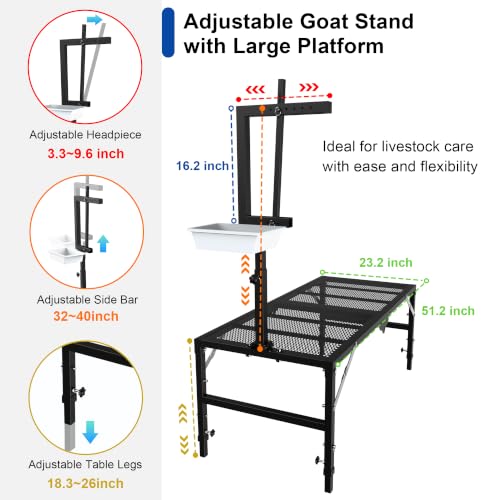 Foldable Goat Miliking Stand - 51x23 inch Metal Livestock Stand with Removable Feeding Tray, 500lbs Capacity Goat Sheep Stand for Trimming Shearing Milking Hoof with Adjustable Headpiece and Height