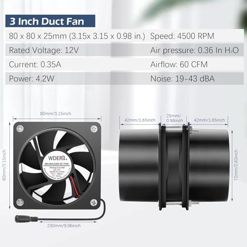 80mm x 25mm 3 Inch Duct Household Ventilation 12V Exhaust Fan with Speed Controller for DIY Greenhouse 3D Print Smoke Paint Fume Extractor-D8025 - size: 8025
