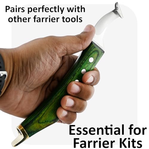 – Super Sharp Hoof Knife with Brass End | Precision-Sharpened Stainless Steel Blade & Wooden Handle | Pro Farrier Hoof Trimming Tool for Horses & Equine (Green, Left-Hand)