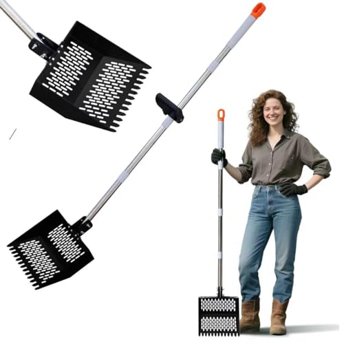 12inch Width Heavy Duty 2-in-1 Chicken Poop Scooper & Rake, Stainless Steel Chicken Coop Litter Sifting Shovel with Ergonomic Grip & Adjustable Angle, Sand Scoop for Coop, 37-54 Inch (12inch)