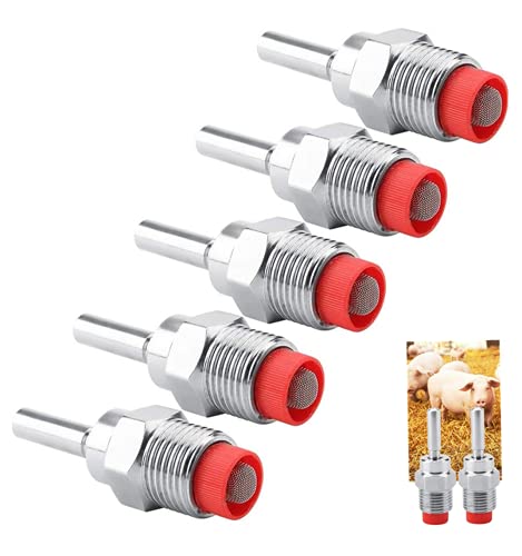 Pig Nipple Drinker Waterer,Stainless Steel,5 pcs | Thread Design,Red Cap,Long Rod,For Sows & Piglets