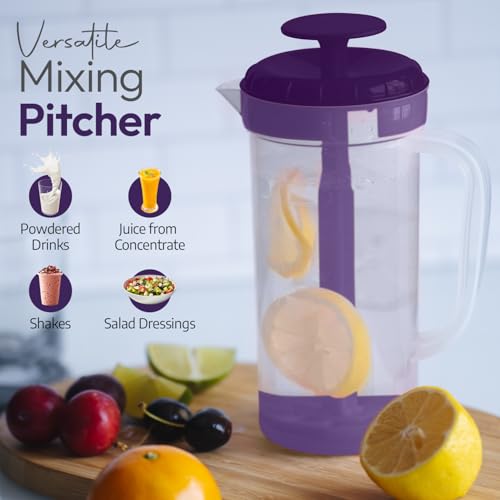 1 Quart Plastic Mixing Pitcher with Mixing Lid, BPA Free, Shatterproof Beverage Jug for Iced Tea, Lemonade, Juices, Milk – Leak-Proof, Easy Stirring, Dishwasher Safe | Purple - color: Purple, Mixing Pitcher w/ Opt. Lid