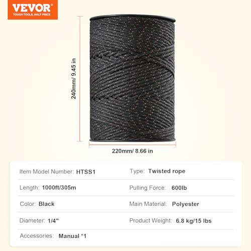 VEVOR Electric Fence Wire, 1000Ft 305M Portable Polywire, 1/4" Diameter 2 Copper Strands for Reliable Conductivity and Rust Resistance, Fencing Rope Line for Horse, Cattle, Livestock - size: 1000Ft 305M, style: 1/4" Strands
