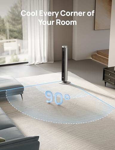 DREO Smart 42'' Tower Fan for Bedroom, 12 Speeds, 20dB Quiet Standing Fan | 40ft Far Airflow, 28 ft/s Cooling Airflow, 12 Speeds, 4 Modes, 90° Oscillating Fans for Indoors, 12H Timer, DC Motor
