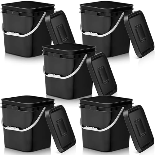 Mumufy 5 Pcs 3.5 Gallon Square Food Grade Bucket with Lid Square Bucket Pail Plastic Handles for Long Term Food Storage, Camping, Fishing, Home Organization Easy Stack and Store (Black) - color: Black