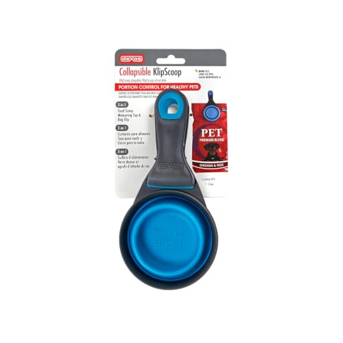 Dexas Popware for Pets Collapsible Klip Scoop, 3-in-1 Pet Food Scoop, Measuring Cup and Bag Clip, 1 Cup Capacity, Pro Blue - color: Pro Blue, size: 1 Cup Capacity
