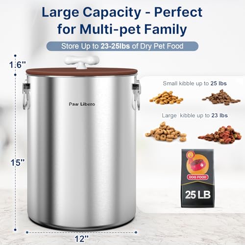 Paw Libero 2PK 25 Lbs Stainless Steel Dog Food Storage Container with Airtight Lid & Ceramic Bone Handle, Large Metal Dog Food Bin for Dogs & Cats, Keep Fresh, Easy to Clean - size: 25 lbs - 2pk