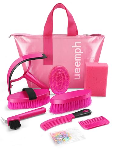 Horse Grooming Kit, Pink Storage Bag with 10 Piece Professional Equestrian Care Tools, Brushes, Combs, Scraper and Gloves (Pink)