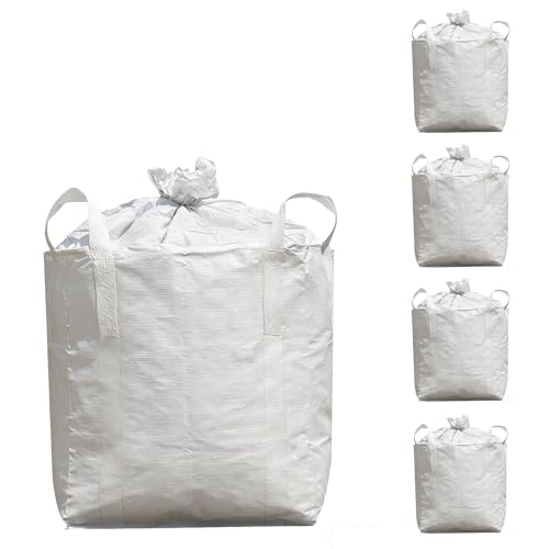 Heavy Duty Bulk Bags 320 Gallon, Duffle Top, Pack of 5 | White Woven Polypropylene FIBC Bulk Bags for Construction, Demolition, Mining & Landscaping, Holds up to 2860lbs - size: 5 Pack / MAX LOAD:2860 LBS