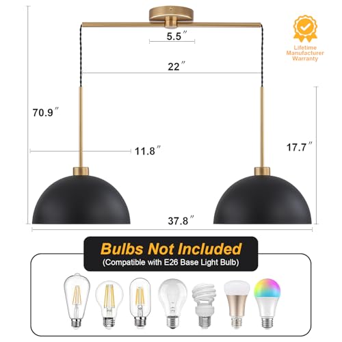 2 Light Black and Gold Dome Pendant Lights Kitchen Island | Height Adjustable, E26 Base, Easy Installation, Farmhouse Industrial for Dining Room Kitchen Island Restaurant Cafe Bar - color: Black-2 Lights