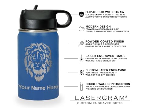 LaserGram Personalized 12oz Water Bottle, Horse (Dark Blue) | Engraved Gift, Vacuum Insulated Stainless Steel, Flip-Top Straw Lid, Laser Engraved With Your Name - color: Dark Blue, size: 12 Ounces