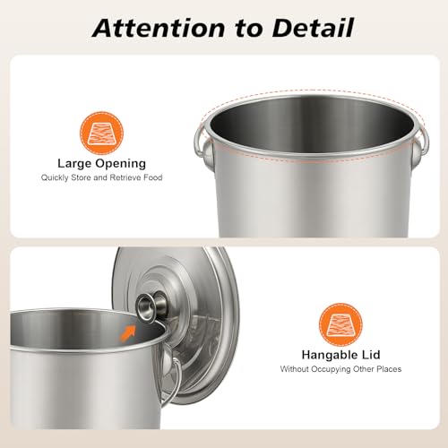 12L Stainless Steel Bucket with Lid & Handle, Silver Milk Pail | Metal Bucket Multipurpose Storage Container for Pet Food Rice Sand Ice - size: 12L