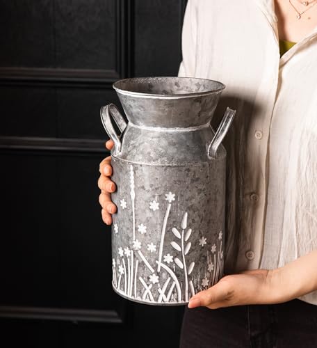 Vintage Galvanized Metal Milk Can, Farmhouse Rustic Flower Pitcher Vase, Decorative Floral Milk Jug Vase for Home Décor, 10.8’’H - color: Floral Milk Can