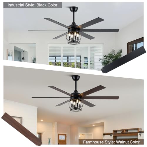 60" Farmhouse Ceiling Fan with Lights Remote Rustic Ceiling Fan | Industrial Black Caged Fandelier Large Moden Chandelier for Living Room Bedroom, 3 Downrods 6 Dual Blades 4 E12 Bulb Bases - color: Caged, size: 60 Inch