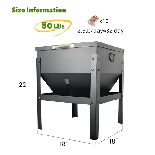 KOL 80LBs Chicken Feeder No-Waste, Galvanized Steel Large Capacity Chicken Feeder, Portable Poultry Feeder with Waterproof Lid for Hens and Roosters, Coops & Outdoors