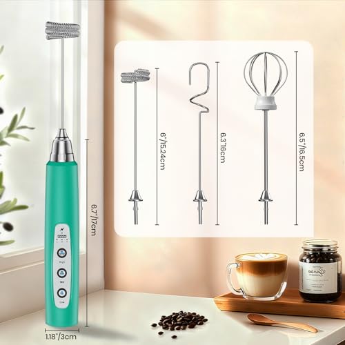 Colarlemo Milk Frother Handheld Rechargeable, Frother Wand Drink Mixer Electric Whisk for Coffee, Detachable With 3 Stainless Whisks, Hand Mixer for Lattes, Cappuccino, Matcha, Egg, No Stand, Green - color: Green, style: without stand