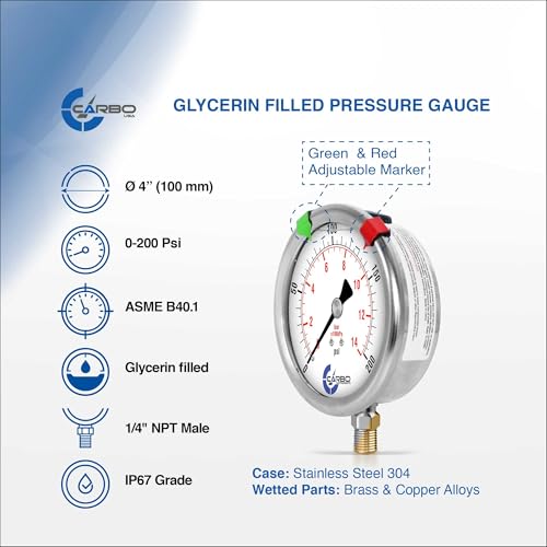 200 PSI Glycerin Liquid Filled Pressure Gauge, 4" Dial, 1/4 NPT Lower Mount, 304 Stainless Steel Case, Brass Wetted Parts, Dual Scale PSI/Bar - ASME B40.1 Grade A - size: 0-200 Psi, style: STANDARD