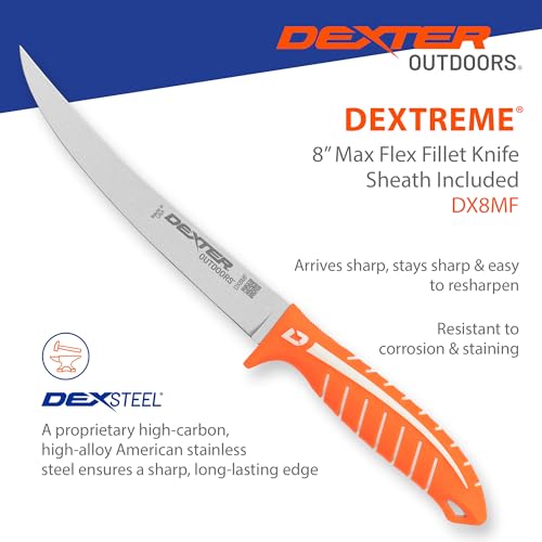 Dexter Outdoors Dextreme Single Edge 8" Max Flex Fillet Knife, Sheath | Max flex single edge stainless blade hugs the backbone for thin fillets. Protective sheath included for safe transport. - style: 8" Single Edge Max Flex