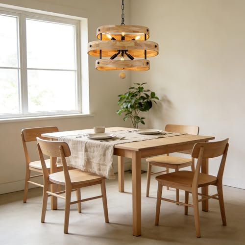 20" Farmhouse Chandelier for Dining Room Light Fixture, 6 Light | Wooden Drum Rustic Chandelier, French Country Pendant Light Over Table for Living Room Foyer Kitchen Island, 6 E12 Sockets - color: 20" Layered