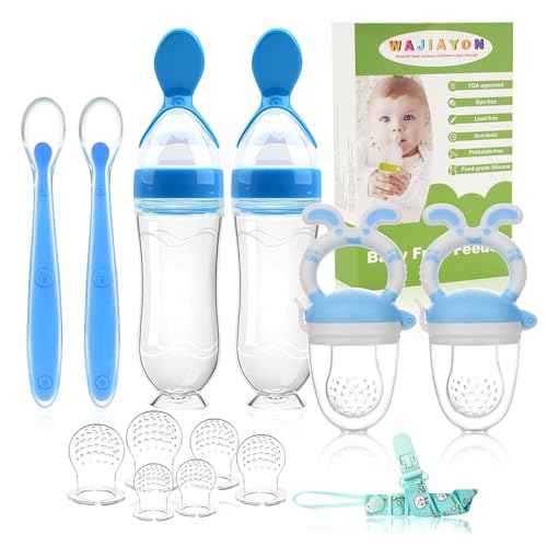 Baby Fruit Feeder Pacifier | 2 Infant Food Feeder Pacifier & 2 Baby Food Dispensing Spoon | Fresh Fruit Teethers for Babies | Silicone Feeder Babies,Infant Teething Feeders (Blue-Rabbit) - color: 04-Blue