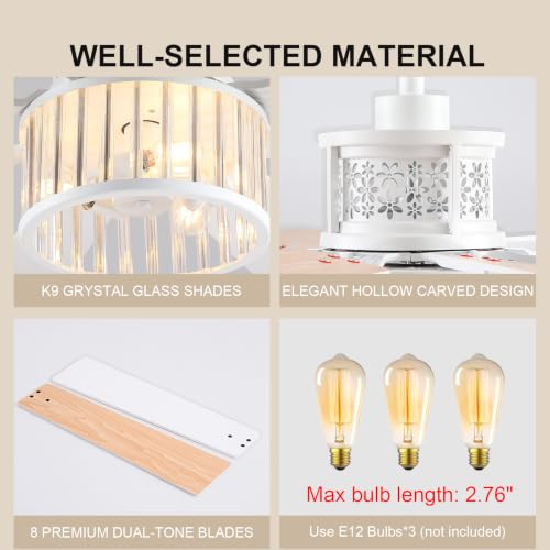 NKPU 52" Farmhouse Crystal Ceiling Fans with Lights and Remote, Chandelier Industrial Ceiling Fan with Dual 8 Blades, 6 Speed Reversible Motor, Timing, White Ceiling Fan for Living room, Bedroom - color: White