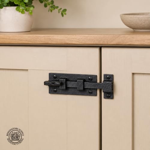 Renovators Supply Manufacturing Door Lock Latch 3.8 in. Black Wrought Iron Pig Tail Tip Styled Slide Bolt Latch with Mounting Hardware - size: Pack of 1, style: 3.88 inch - Curled Tail