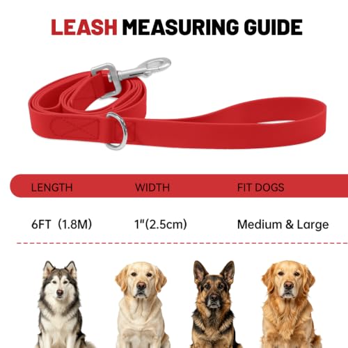 Waterproof Dog Leash with Double Handle, 6 FT Durable Odor-Proof Dog Leashes with Strong Aviation Aluminum Hooks Fits Small Medium or Large Dogs - color: Red, size: 6FT - Double Handle
