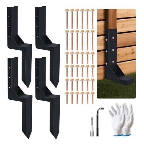 4-Pack 3.74" Width Fence Post Repair Kit, 24in Total Length Heavy Duty Ground Spike Anchor for Wooden Post Repairing Tilted/Broken Posts - size: 4'' 4 Pack