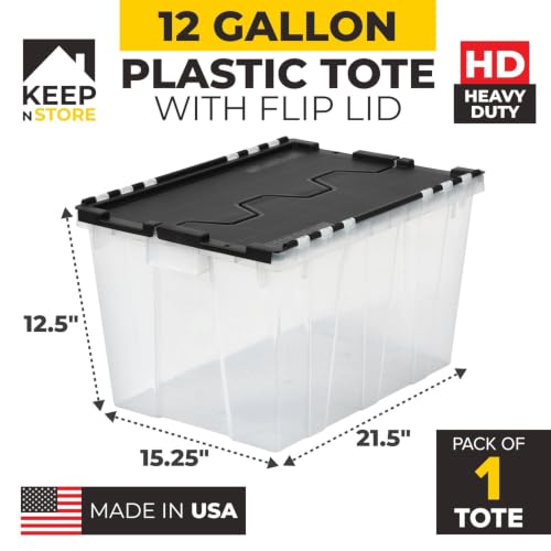 12 Gallon Heavy Duty Plastic Storage Tote with Flip Lid 21.5"×15.25"× 12.5" | Pack of 1 USA Made Reinforced Storage Container - Stackable Design, Wipe-Clean Label - for Home & Garage Organization - style: Heavy Duty