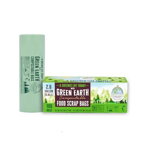 Green Earth Compostable Small Kitchen Food Scrap Trash Bags, Extra Thick 0.71 Mil, Compost Bin Compatible, 2.6 Gallon, 10 Liter, 100-Count, ASTM D6400, BPI (US) & OK Compost Home (EU) Certified - size: 100 Count (Pack of 1), style: 2.6 Gallon