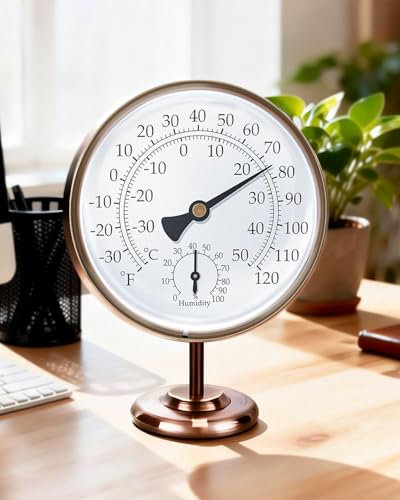 4-Inch Solid Brass Analog Thermometer Hygrometer with Stand | Solid brass, battery-free dual-scale dial for desks, offices, bedrooms, garages and RV interiors