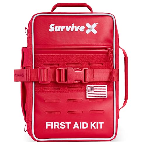 SurviveX Large Pro First Aid Kit, Labeled Pockets, Zip Stitch Wound Closure | Emergency kit for 5-6 people, close wounds without stitches, organized first aid for car, home, travel, camping, outdoors