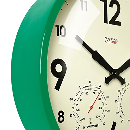 Cloudnola Indoor Outdoor Waterproof Metal Wall Clock with Thermometer and Hygrometer, Green, 12 inch Silent Non-Ticking Battery Operated Quality Quartz Round Clock for Patio and Home Decor