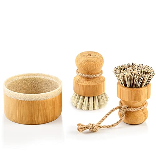SUBEKYU Bamboo Dish Scrub Brush,Produce Brush,2 Pack with Holder | Vegetable Brush,2-Pack Natural Sisal Bristles-2 Soft, 1 Firm,Kitchen Wooden Cleaning Scrubbers Engineered Stone holder Set - color: Sandstone Base +Sisal 1p+palm 1p, size: Regular size