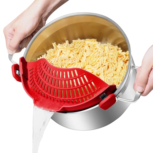 AUOON Pot Strainer Clip on Silicone, Large 10.45 x 4.33 in, Red | Fits Pots Pans Bowls, Dishwasher Safe, for Pasta Noodles Vegetable Fruits, Space-saving Kitchen Gadget - color: Red, size: Large 10.45 x 4.33 in