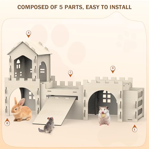 Large Bunny House and Hideouts, Wooden Dual-Layer Rabbit Castle with 4 House Indoor, Sturdy Habitat for Guinea Pig Chinchilla Ferret (Extra Large-4 House with Hay Feeder)
