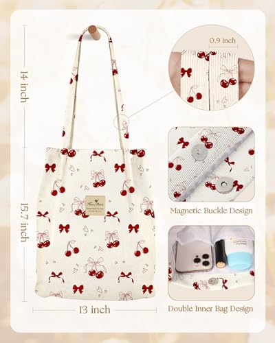 Miss Adola Corduroy Tote Bag for Women with Aesthetic Design | Magnetic Buckle & Pocket, Reusable, Soft, Roomy, Long Shoulder Handles, Double-sided Print, Casual Daily Work, Grocery Bags - color: Bow Cherry, size: Large