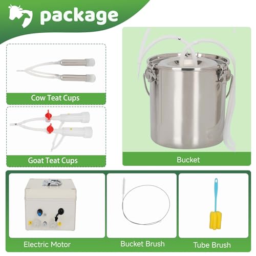 7L 2-in-1 Milking Machine for Goats and Cows, Electric Goat and Cow Milking Machine, Battery Powered Pulsation Vacuum Pump, Portable Rechargeable Milker, Stainless Steel Bucket with 4 Teat Cups