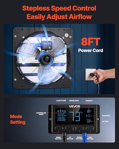 VEVOR 20 inch Exhaust Fan, Wall Mounted Attic Fan with Variable Speed, Temperature & Humidity Controller, 2900 CFM, Automatic Shutter - size: 20 Inch