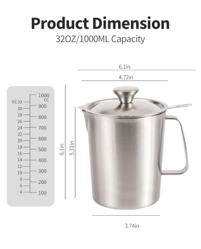 304 Stainless Steel Measuring Cup with Lid, Strainer, 32oz pitcher for Milk | 1000ml Metal Liquid Measuring Cup with ML/OZ Scale, 4 Cup Kitchen Pitcher for Baking, Coffee,Tea and Food Preparation