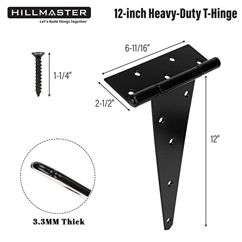 HILLMASTER 12 Inch T-Strap Heavy Duty Shed Door Hinges Gate Strap Hinges Black Tee Hinge Wrought Hardware for Wooden Fences,Yard,Barn Door,Rustproof (4 Pack) - size: 12in 4Pack