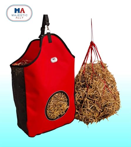 Majestic Ally 1200 D Hay Feeder Tote Bag for Horses, Sheep with Reflective Trim- Reduces Waste - Comes with 36” Hay Net. (Red) - color: Red