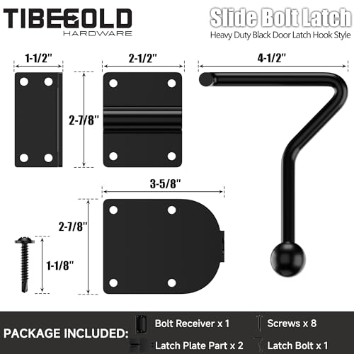 Slide Bolt Gate Latch, Heavy Duty Door Latch Hook Style, Sliding Gate Lock Latch with Ergonomic Round Handle, Black Gate Hardware for Outdoor Wooden Fence, Shed Door, Barn Door, 1 Pack