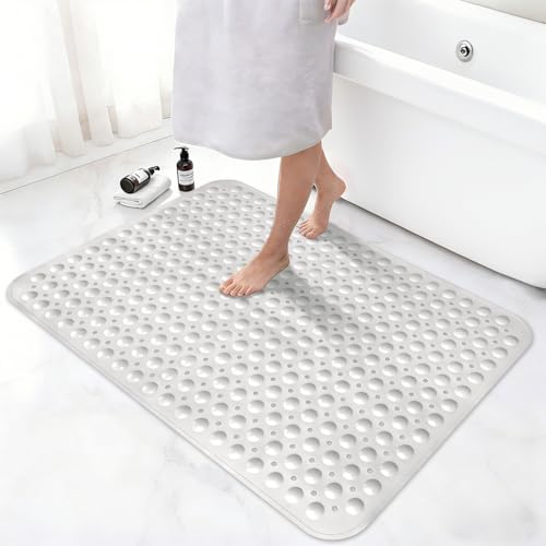 Shower Mat Non Slip, 36" x 24" Large Shower Floor Mat with Drain Holes and Suction Cups, Soft TPE Anti Slip Shower Stall Mats for Inside Shower, Machine Washable, White - color: White