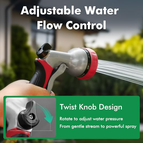RESTMO Garden Hose Nozzle, Heavy Duty Metal Water Hose Nozzle with 7 Adjustable Spray Patterns, High Pressure Hand Sprayer with Flow Control, Best for Watering Plants & Lawns, Washing Cars & Pets, Red - color: Red